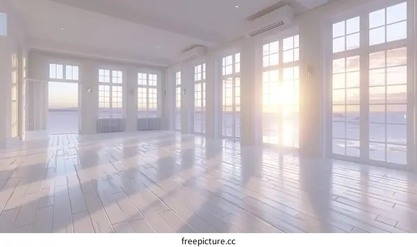 Bright and Airy White Room with Large Windows and a Beautiful Sunset