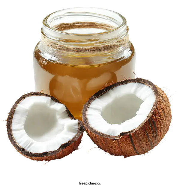 [Transparent Background PNG]Coconut Oil in a Glass Jar and Coconut Pieces