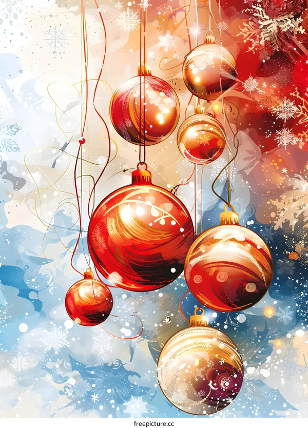 Christmas balls hanging on strings with snowflakes in the background