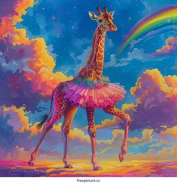 A Pink Tutu-Clad Giraffe Strolls on a Rainbow in the Sky