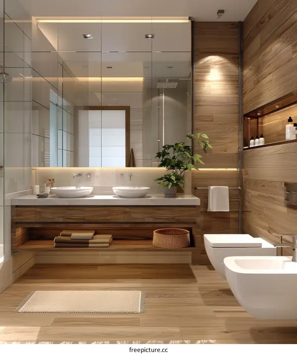 Modern Wooden Bathroom Design with Double Sinks