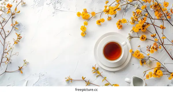 White Background with Yellow Flowers and Teacup