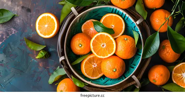 Fresh Oranges In Bowl With Leaves