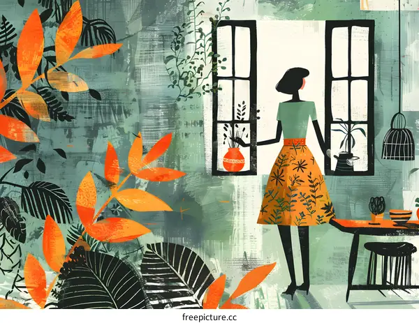 Woman Standing by Window with Plants