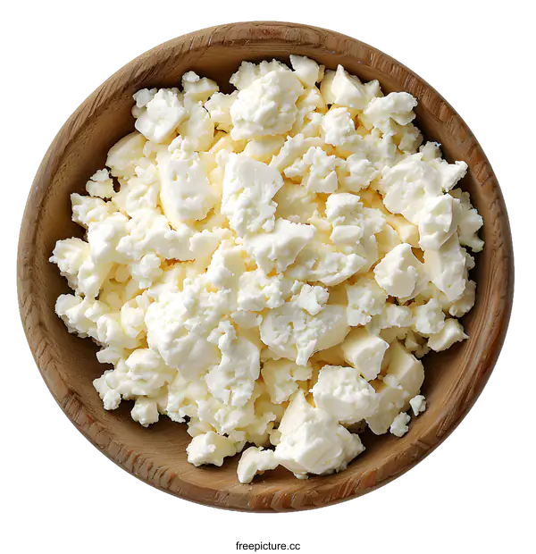 [Transparent Background PNG]Top view of crumbled feta cheese in wooden bowl