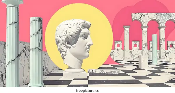 Greek Statue with Marble Columns and Checkerboard Floor