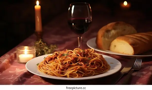 A delicious plate of spaghetti with a glass of red wine and a basket of bread