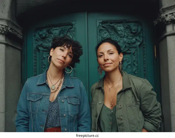 Two Women Posing Outdoors in Front of Teal Door