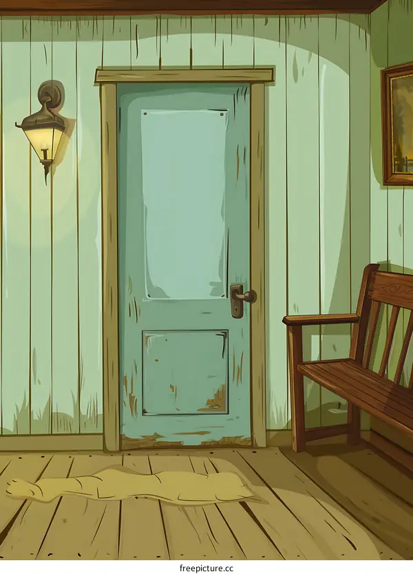 Vintage Rustic Room Interior with Wooden Door and Bench