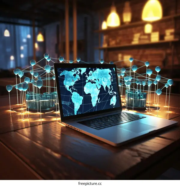 Laptop with world map on screen and glowing blue spheres representing a network of connected devices