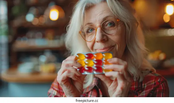 Senior woman holding vitamins