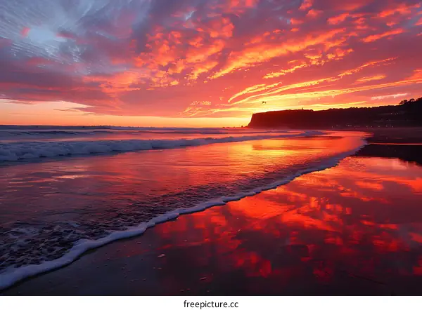 Stunning Sunset Over the Ocean with Red Sky and Clouds