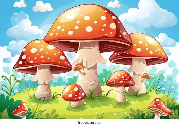 Cartoon Illustration of Red and White Mushrooms in a Grassy Field