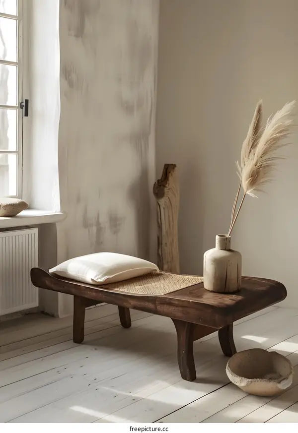 Wooden Bench With Pillow And Vase With Dried Flowers In A Minimalist Interior
