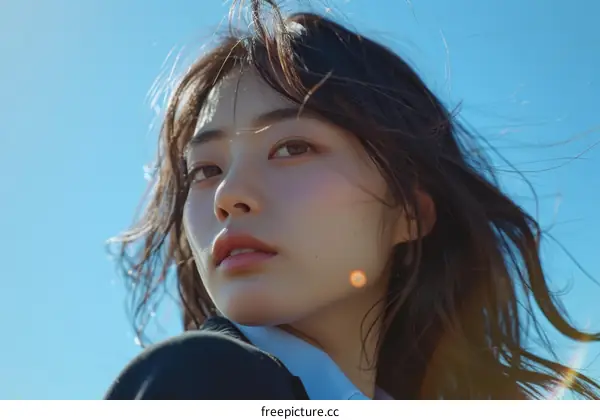 A beautiful portrait of a young woman with long dark hair blowing in the wind