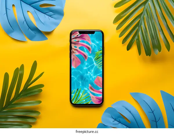 Smartphone with Tropical Leaves on Yellow Background