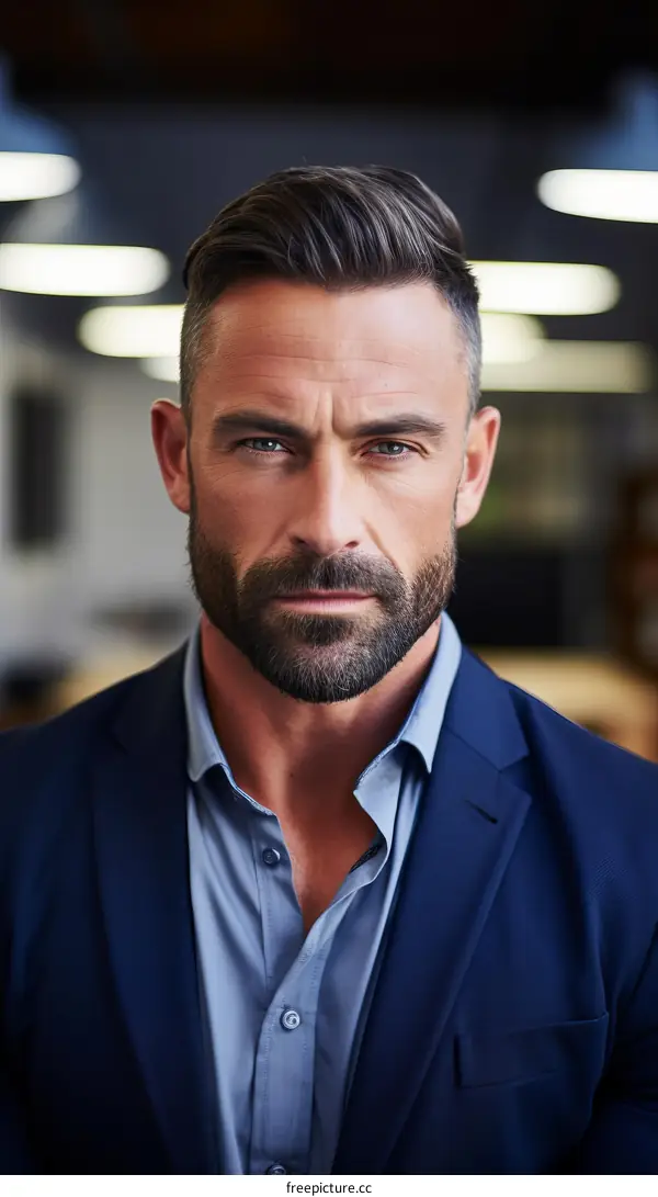 Bearded man in blue suit staring at camera