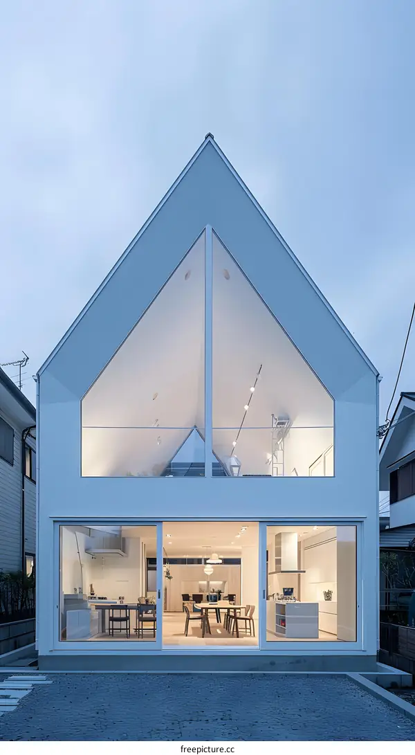 Modern House with Large Glass Windows and A Triangular Roof Design