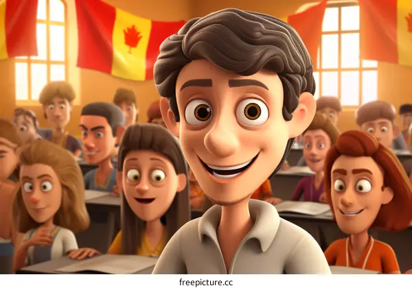 Happy and smiling boy with diverse classmates in a classroom