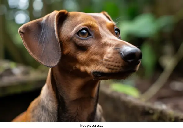 Cute Brown Dachshund Dog Sitting in the Forest