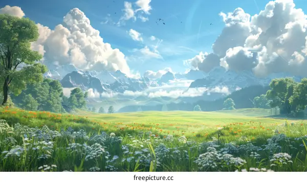 A Beautiful Landscape with Flowers and Mountains