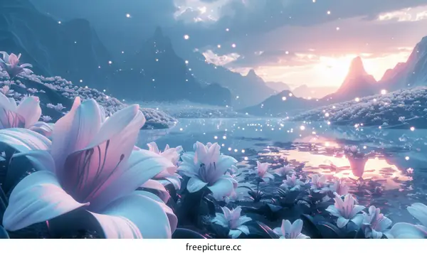 A Stunning Landscape with Mountains, Lake, and Wildflowers