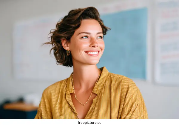Smiling Woman in a Yellow Shirt