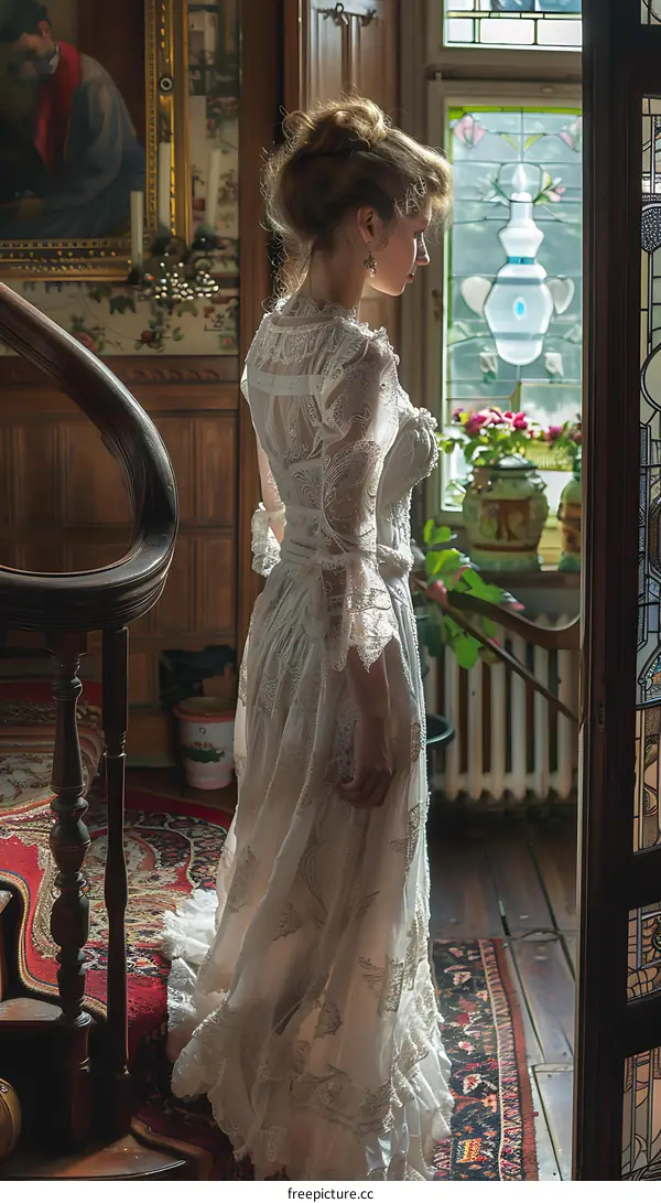 A young woman in a white lace dress is standing on the stairs. Her right hand is resting on the stair railing, and her left hand is轻轻地放在她的裙子上。 Her hair is brown, and her eyes are blue. She is凝视窗外，若有所思。