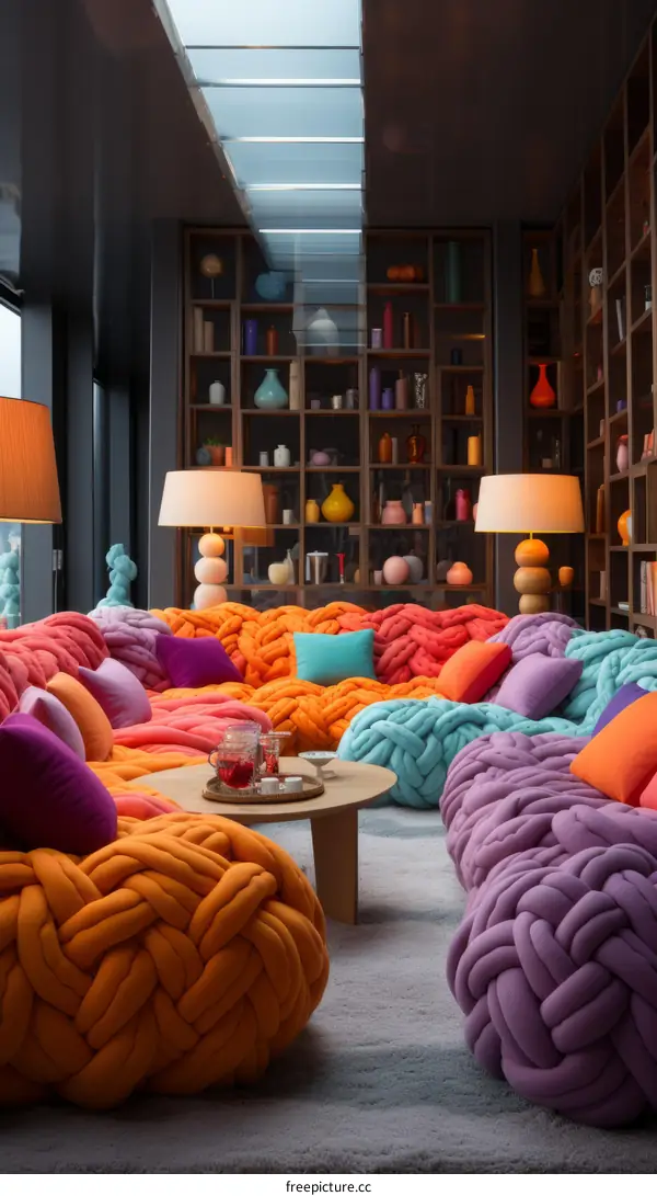 A living room with a large colorful sectional sofa and a coffee table