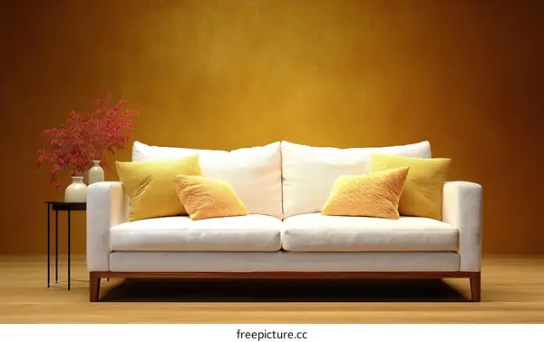 Modern Living Room with White Sofa and Yellow Pillows