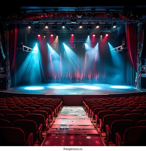 Empty Theater Stage with Red Seats and Spotlights