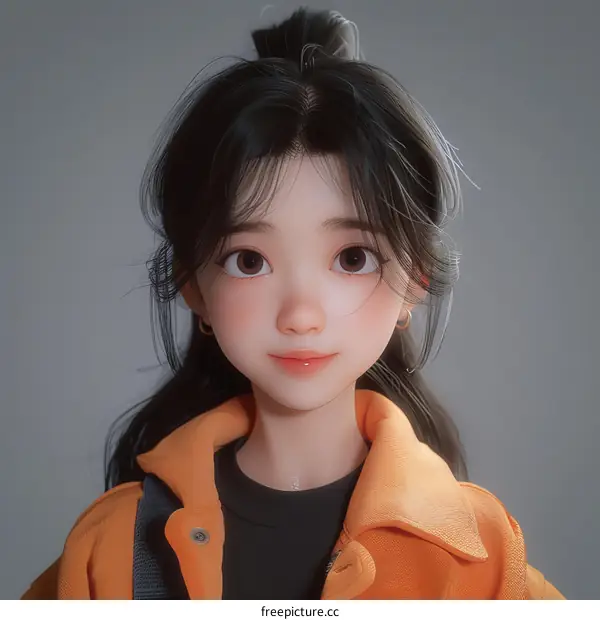 An Asian young woman with long black hair in an orange jacket