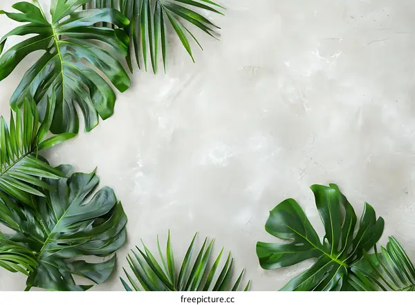 Tropical Leaves Frame on Gray Background