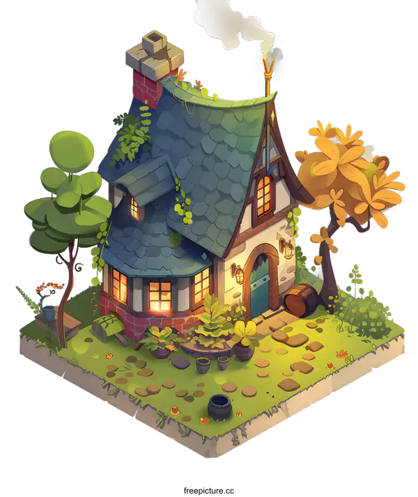 [Transparent Background PNG]Cozy Cottage Illustration with a Green Roof and a Stone Path