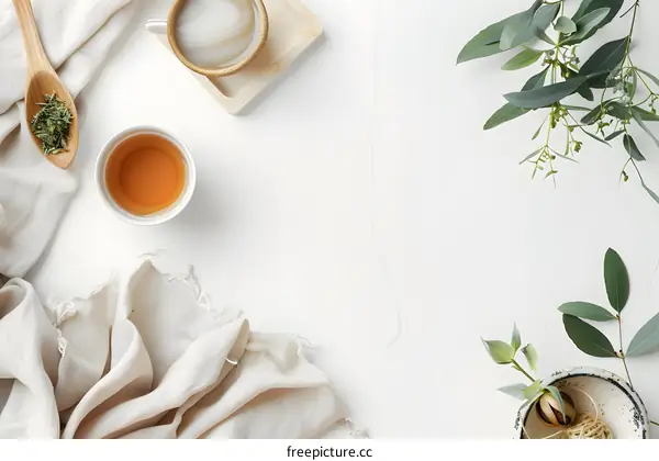 Flat Lay of Teacup with Dried Herbs and Eucalyptus Leaves on White Background