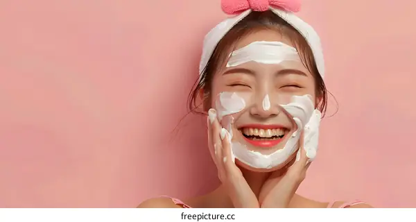 Asian Woman Smiling with Face Mask on Pink Background