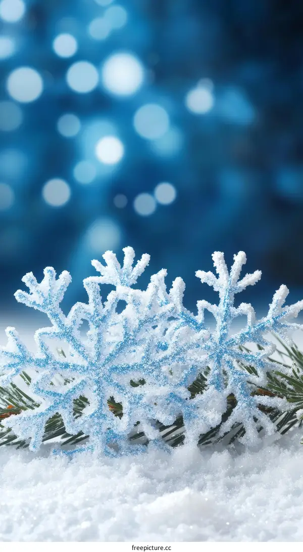 Winter Snowflake Decoration on Snow with Blue Background
