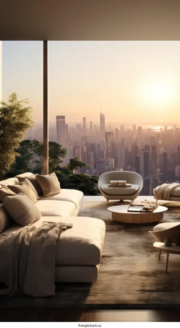 Modern living room interior with city view