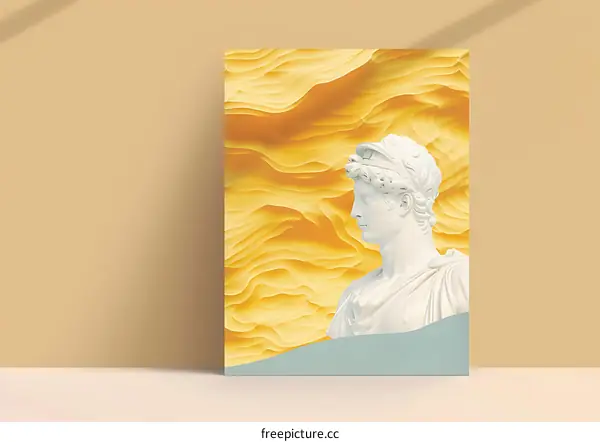 Abstract Minimalist Art Print with White Statue and Yellow Sand Dunes Background