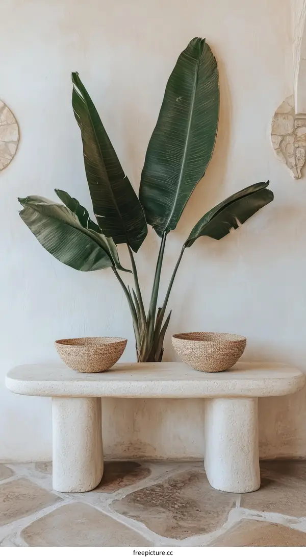 Modern Minimalist Home Decor with Woven Bowls and Plants