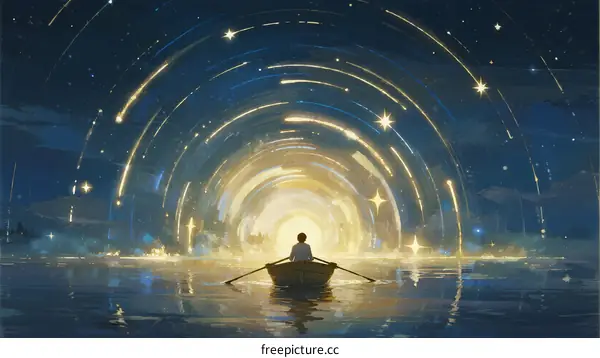 A Boy Rowing Boat Through Glowing Starry Light Tunnel
