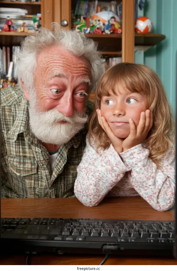 Grandfather and Granddaughter Sharing Computer