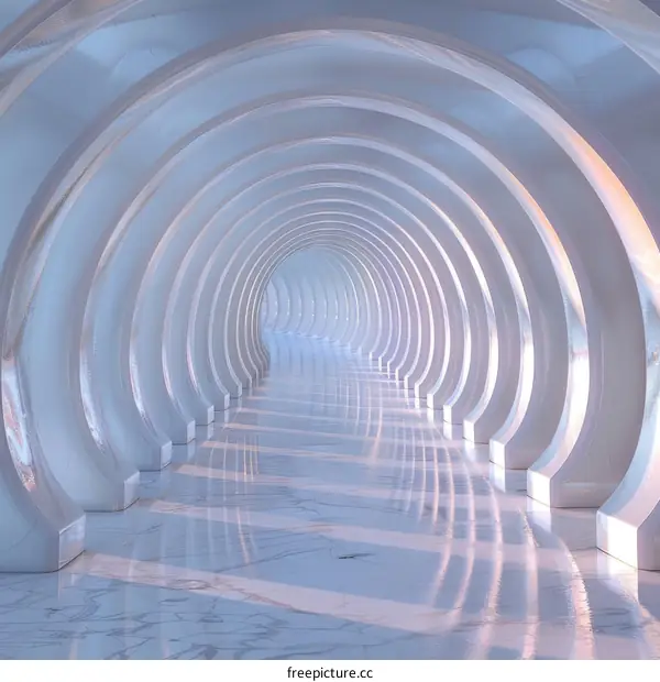 Futuristic tunnel with shiny reflective floor and arched walls