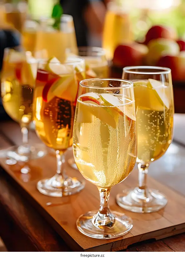 Sparkling Apple Cider In Glasses On Wooden Tray
