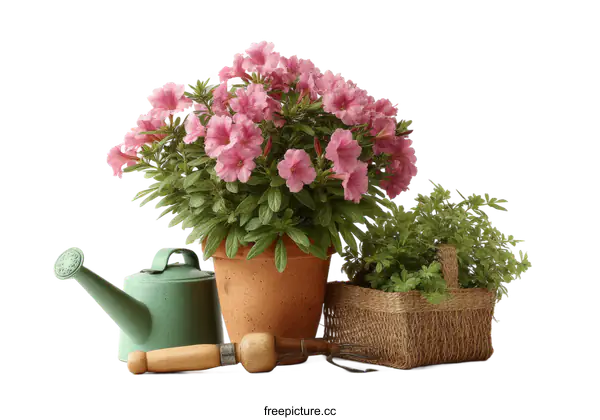 [Transparent Background PNG]Gardening Tools and Pink Flowers in a Pot