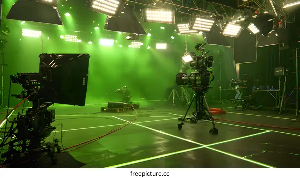 Green Screen Studio Setup with Cameras and Lighting