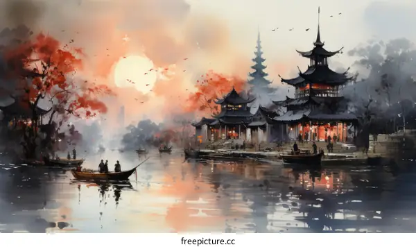 Peaceful oriental ink painting of a river town at sunset with boats and people