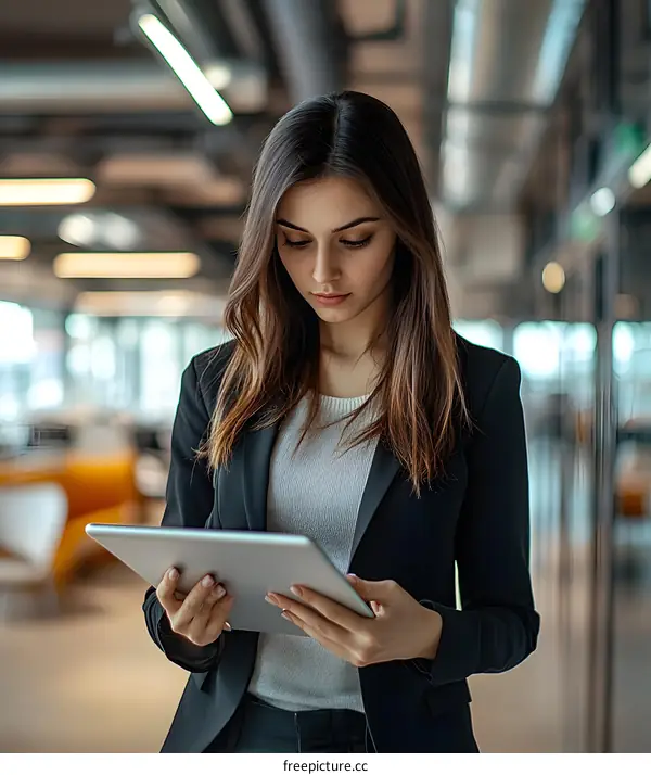 Young Businesswoman Uses Tablet in Office