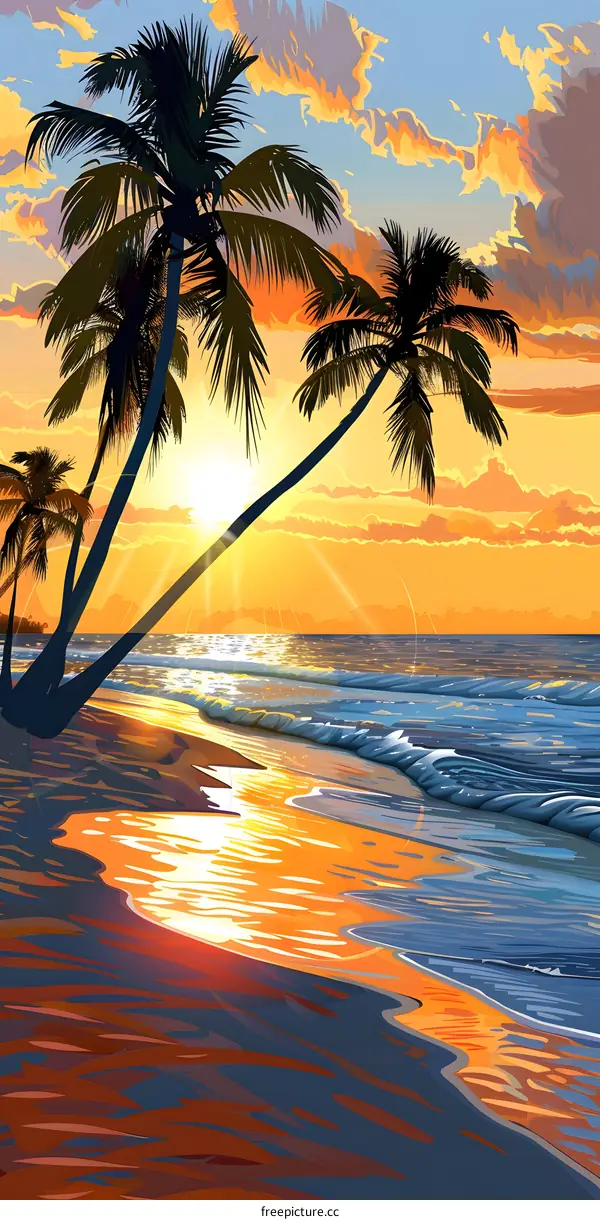 Tropical Sunset on the Beach with Palm Trees
