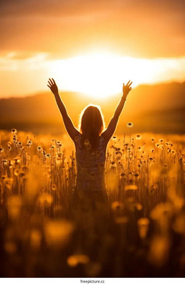 girl in a field of flowers raising her hands in the air